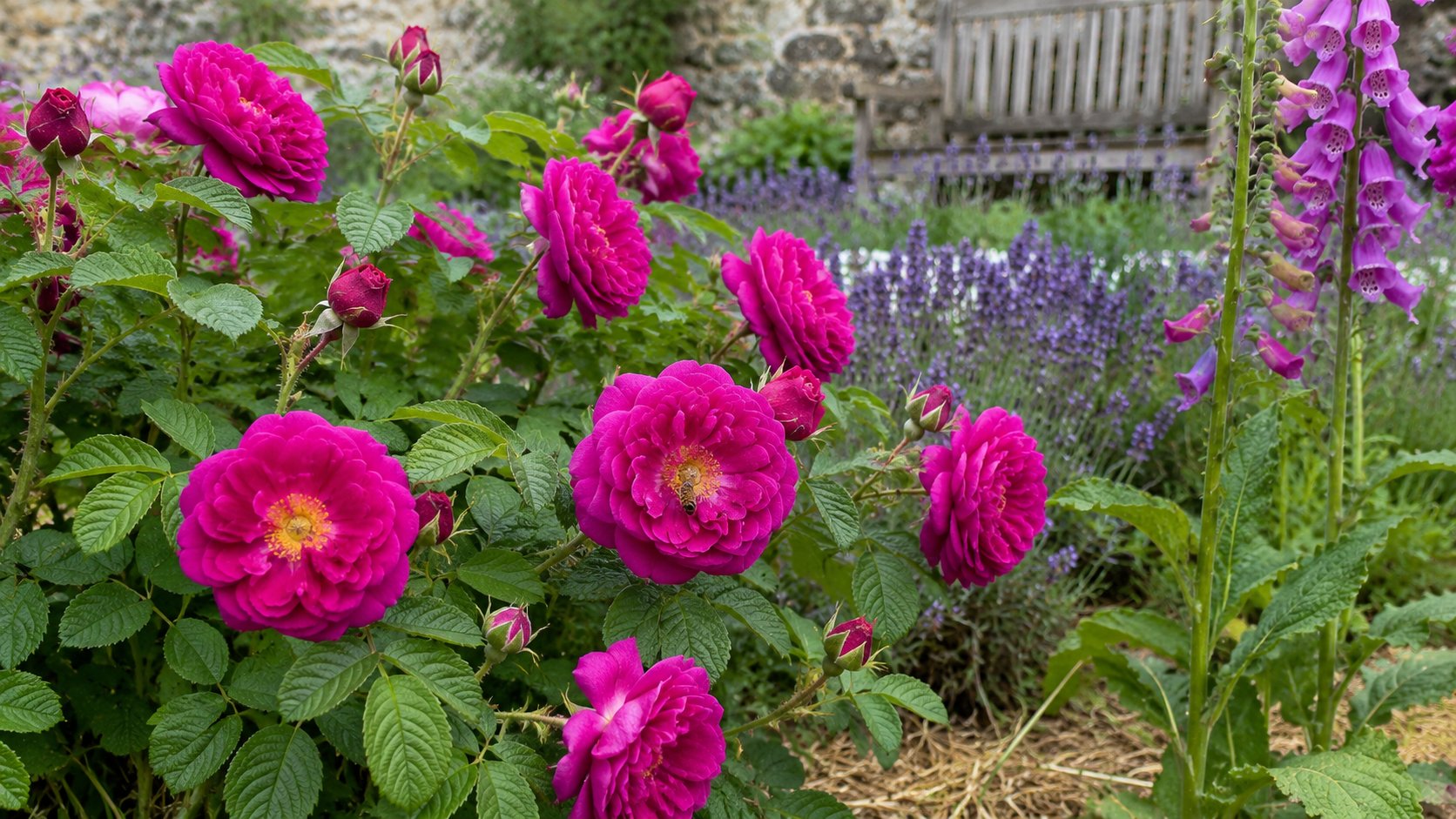 Roses anciennes en pleine floraison dans un jardin de curé, variétés cent-feuilles et galliques, rose vif et rose pâle, avec en arrière-plan une porte en bois vieilli et un mur de pierre