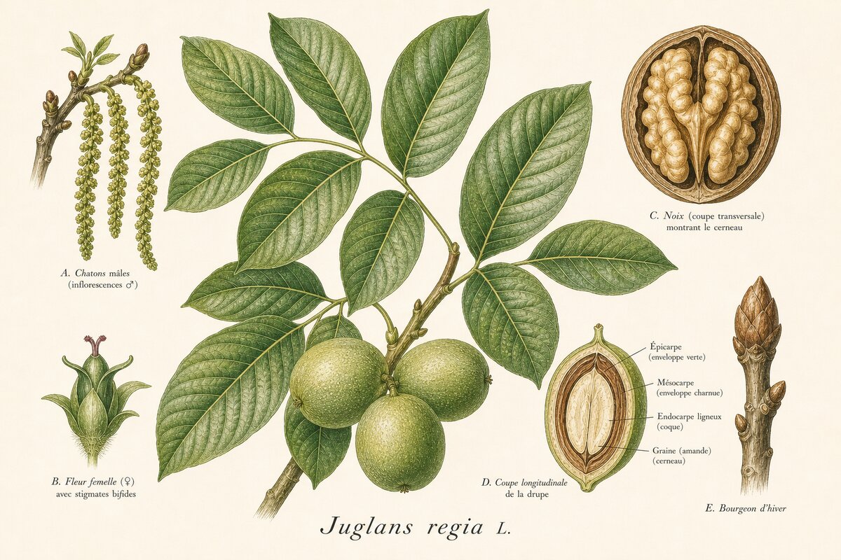 Planche botanique du Noyer - Juglans regia