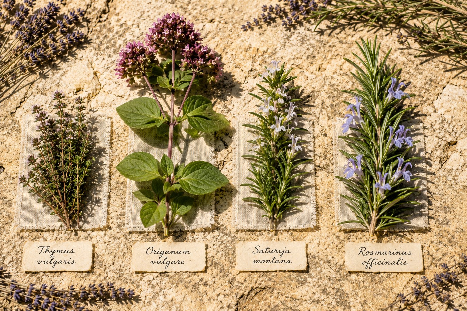 Les quatre Lamiacées aromatiques méditerranéennes côte à côte : thym, origan, sarriette et romarin