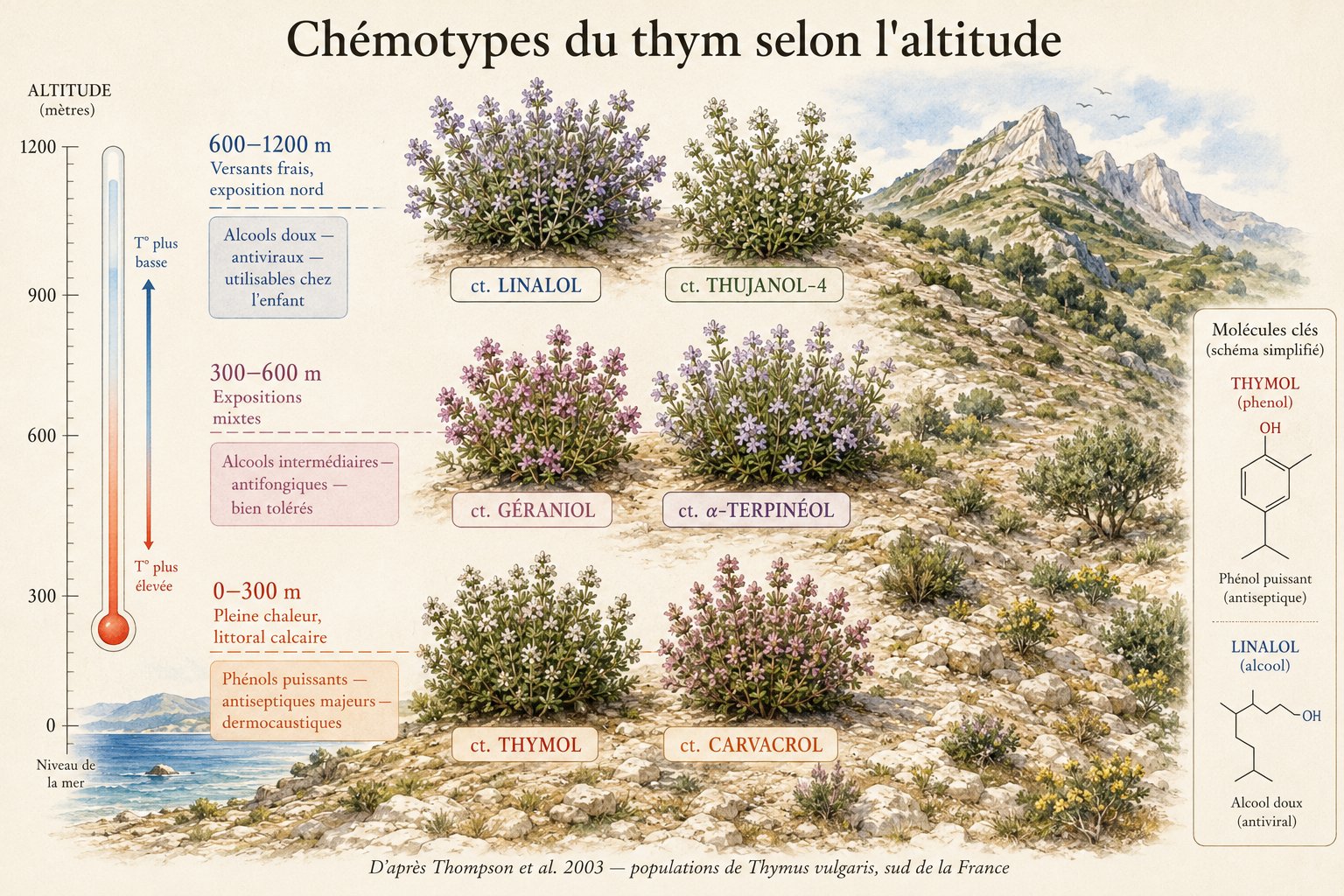 Schéma des principaux chémotypes du thym selon l'altitude : thymol et carvacrol en basse altitude, géraniol et linalol en altitude