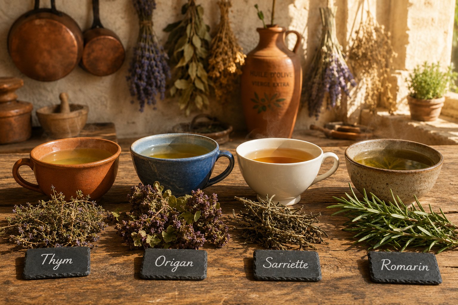 Les quatre tisanes de Lamiacées méditerranéennes : thym, origan, sarriette et romarin
