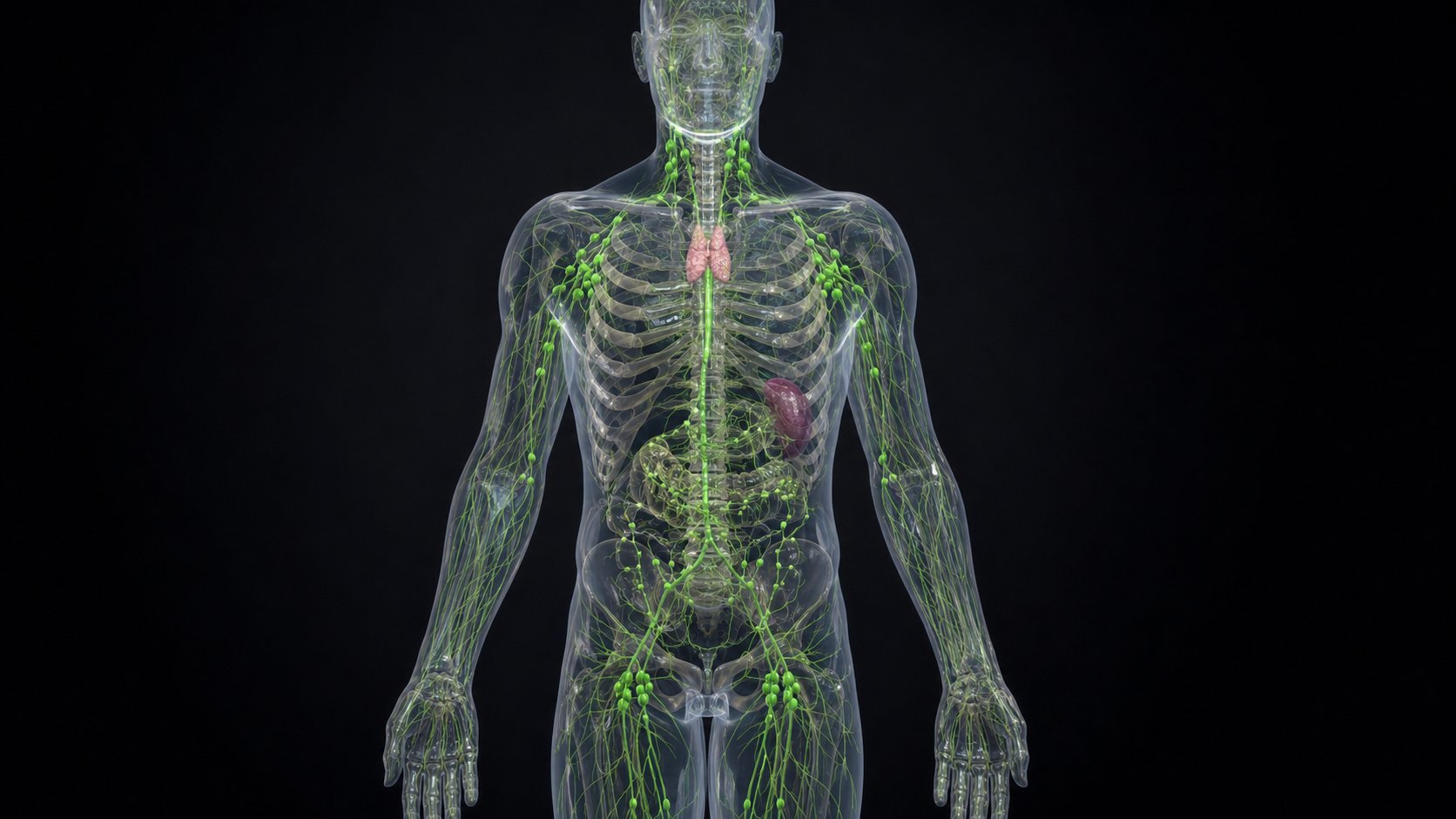 Vue d'ensemble du réseau lymphatique humain montrant les principaux vaisseaux, les chaînes ganglionnaires cervicales, axillaires, inguinales, le canal thoracique et la citerne de Pecquet