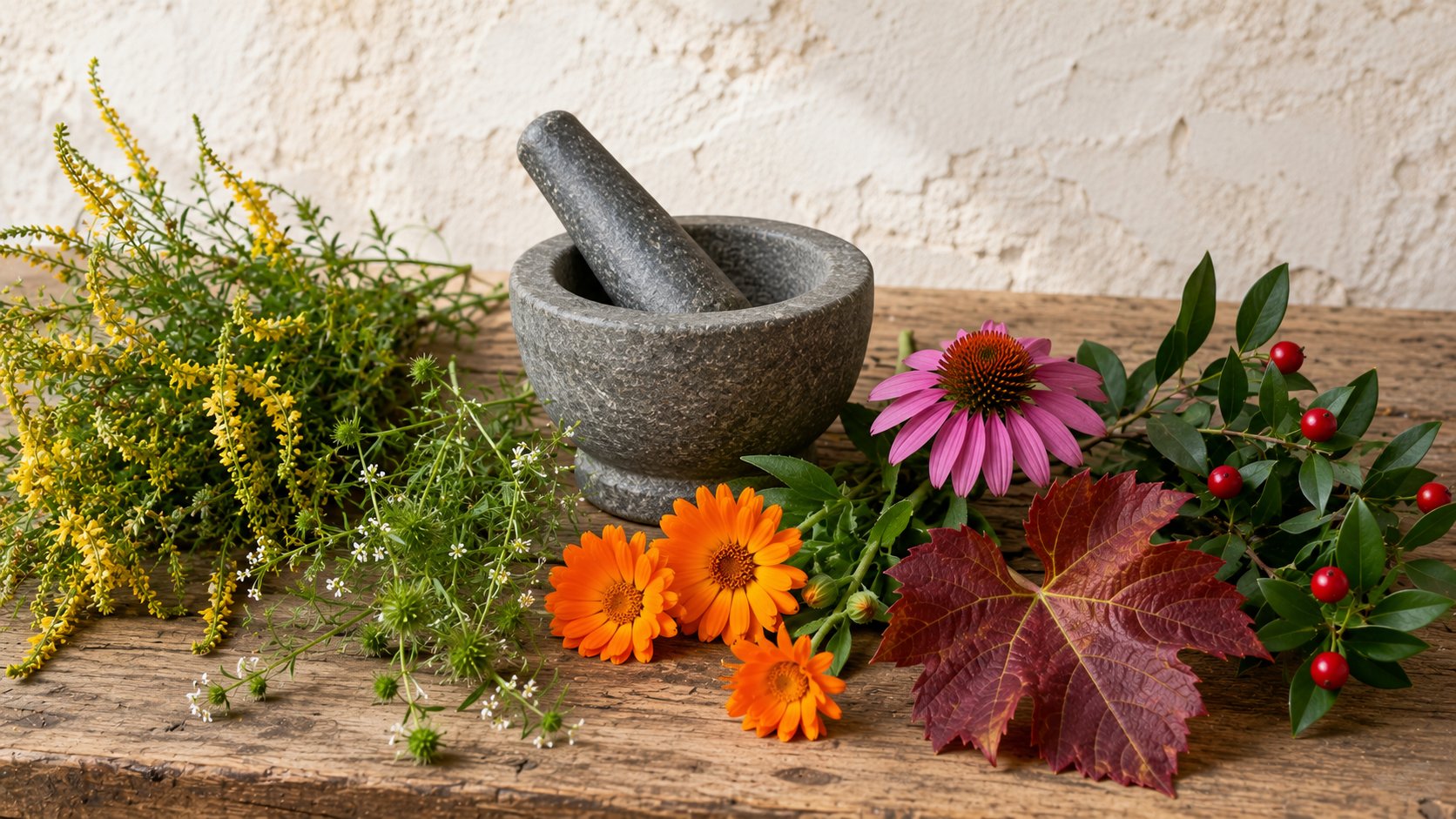 Composition de plantes médicinales lymphatiques : mélilot jaune, gaillet gratteron, calendula orange, échinacée pourpre, vigne rouge et noyer, disposées sur une table en bois avec un mortier