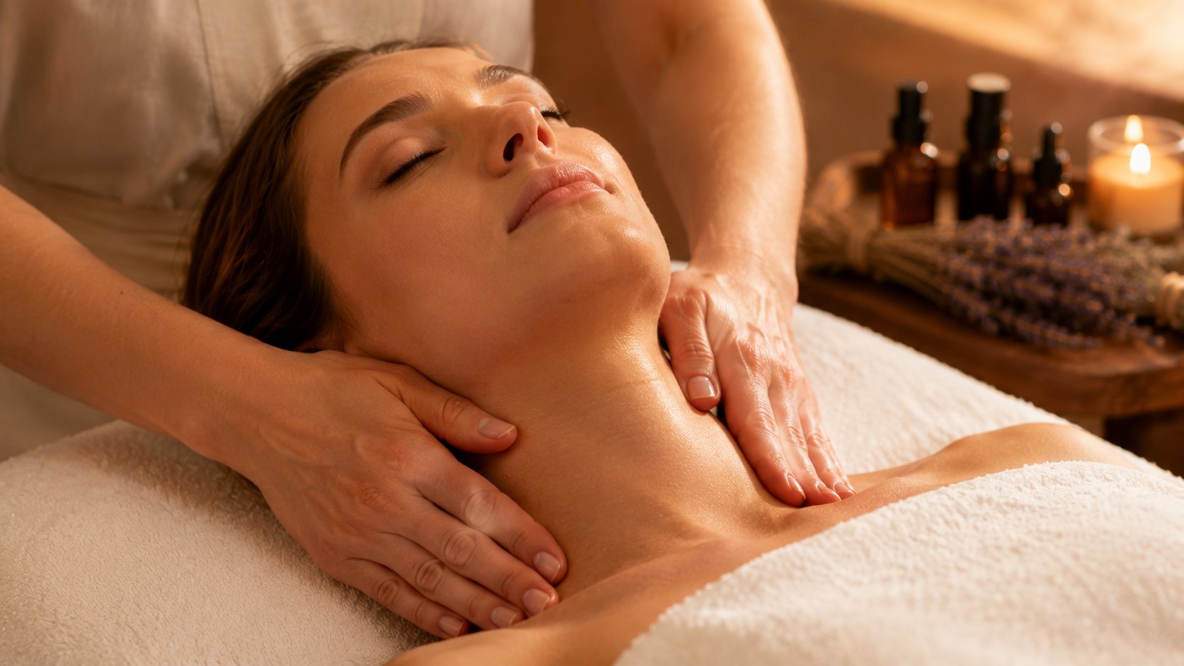Séance de drainage lymphatique manuel avec gestes doux sur le cou et le décolleté, montrant les chaînes ganglionnaires cervicales, dans un cadre de soin naturel avec des plantes médicinales en arrière-plan