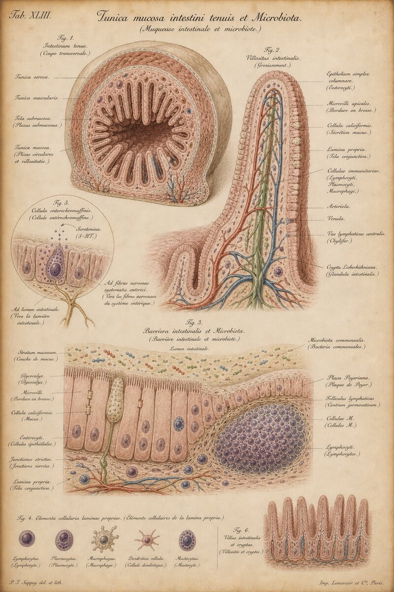Planche anatomique de la villosité intestinale et du microbiote