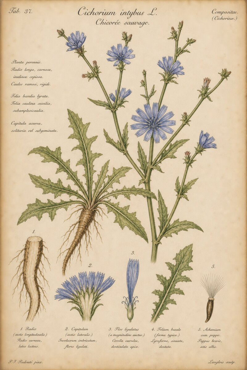 Planche botanique de la Chicorée sauvage - Cichorium intybus