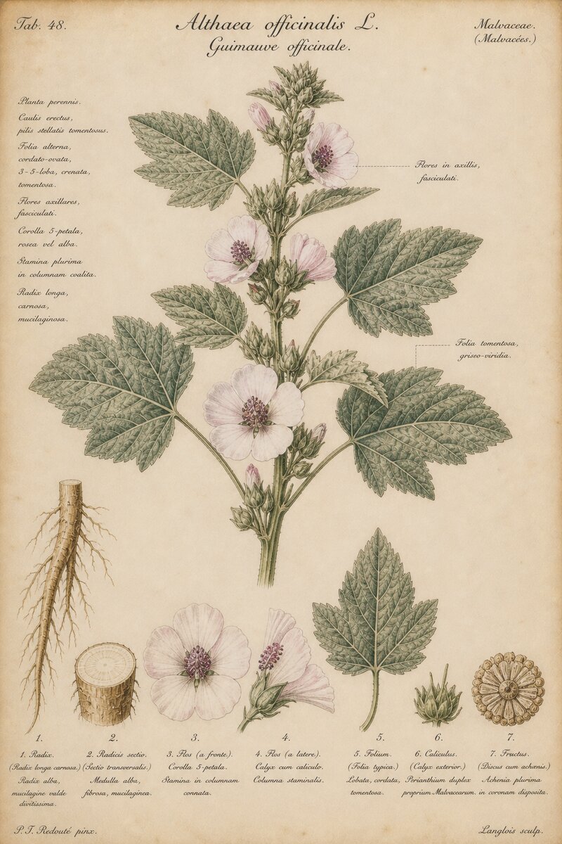 Planche botanique de la Guimauve - Althaea officinalis