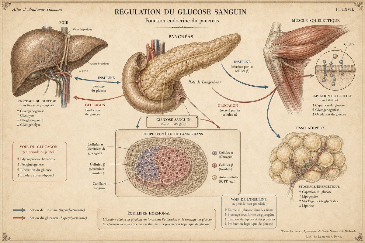 Planche anatomique du métabolisme glucidique - pancréas, foie, muscle