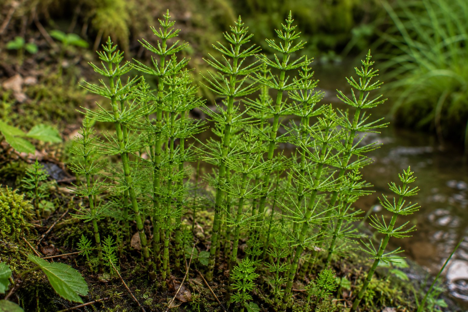 Tiges stériles de prêle des champs (Equisetum arvense), verticales, vert vif, avec leurs nœuds et gaines caractéristiques, dans un milieu humide