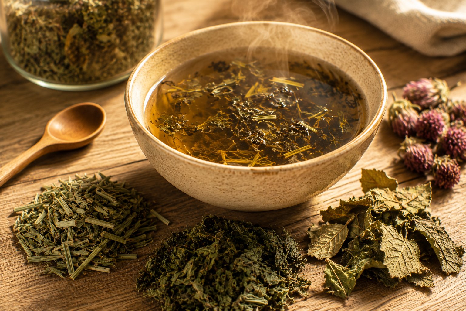 Tisane reminéralisante dans un bol en céramique, infusion dorée avec des fragments de prêle, d'ortie et de feuilles séchées visibles, sur une table en bois avec des plantes séchées autour