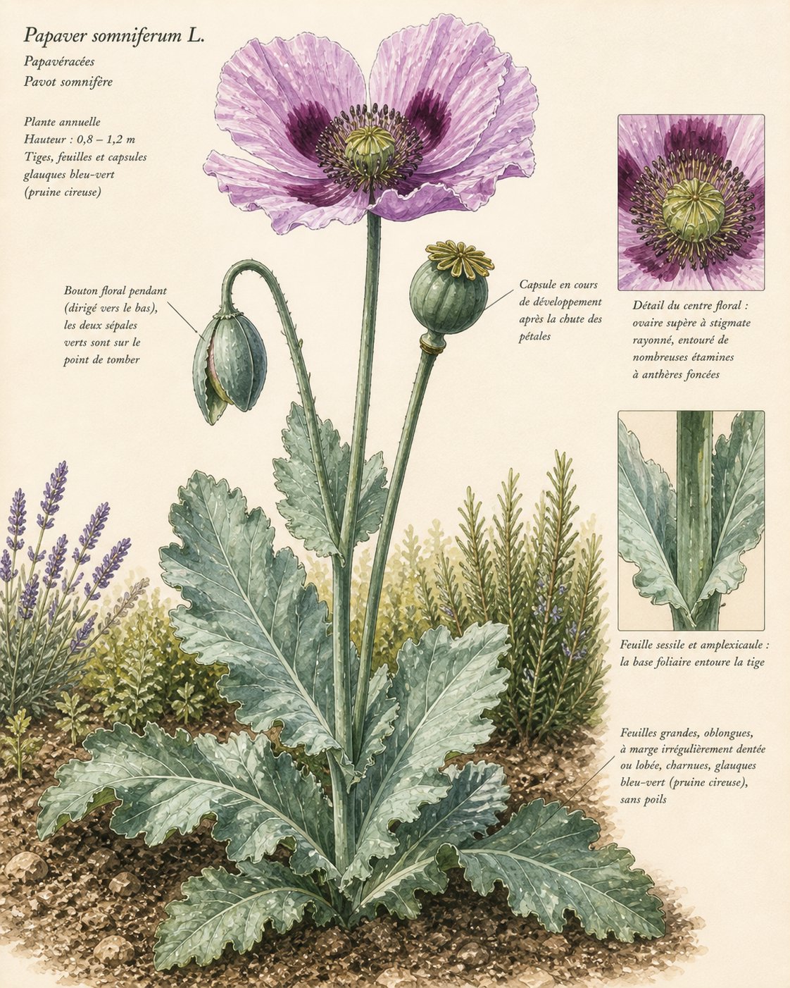 Papaver somniferum — pavot somnifère en fleur, pétales mauves et feuillage glauque