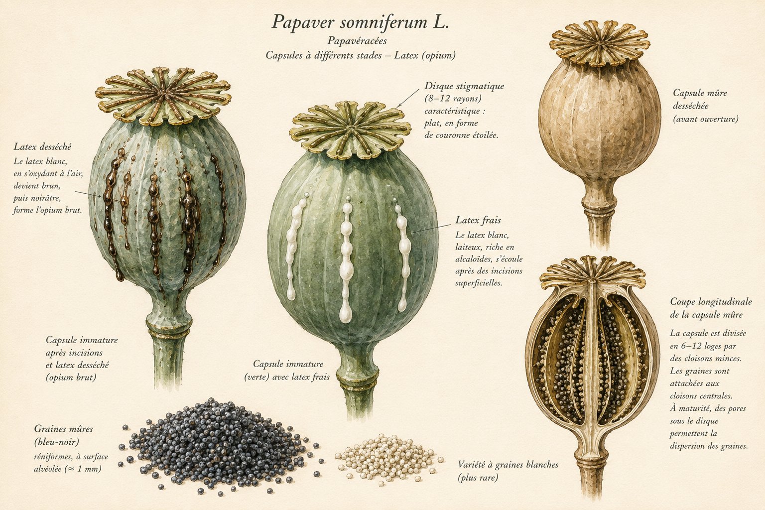 Papaver somniferum — capsules vertes avec disque stigmatique et latex exsudant