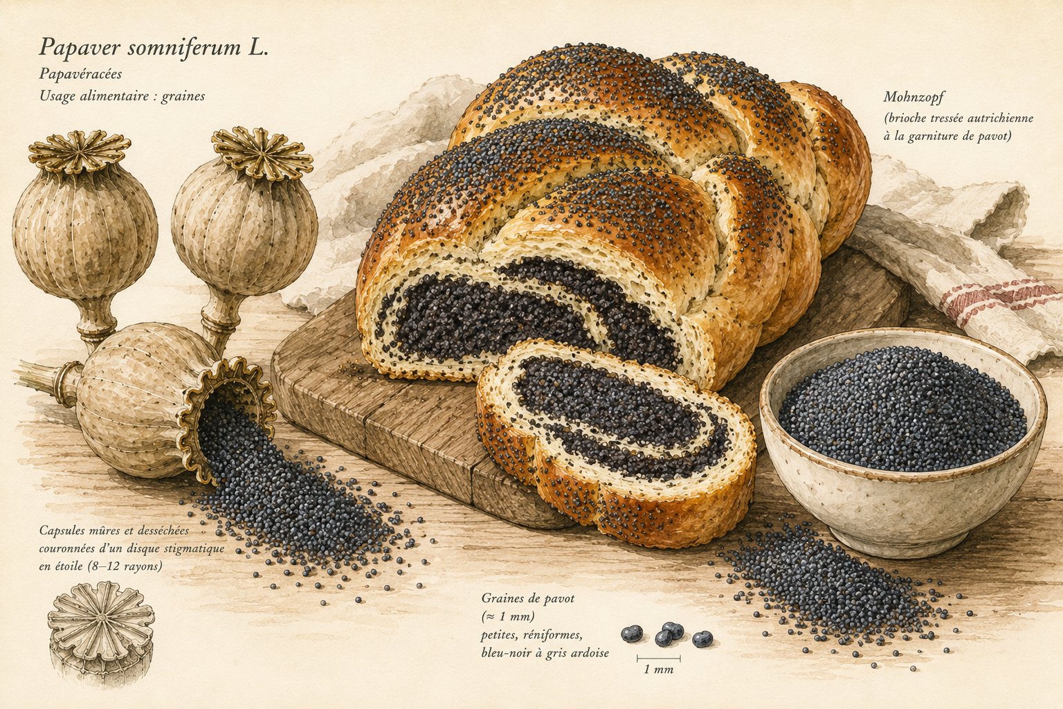 Graines de pavot bleu-noir sur une brioche dorée et capsules séchées de Papaver somniferum