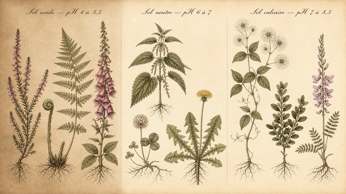 Plantes bio-indicatrices : bruyère et fougère en sol acide, ortie et trèfle en sol neutre, clématite et buis en sol calcaire