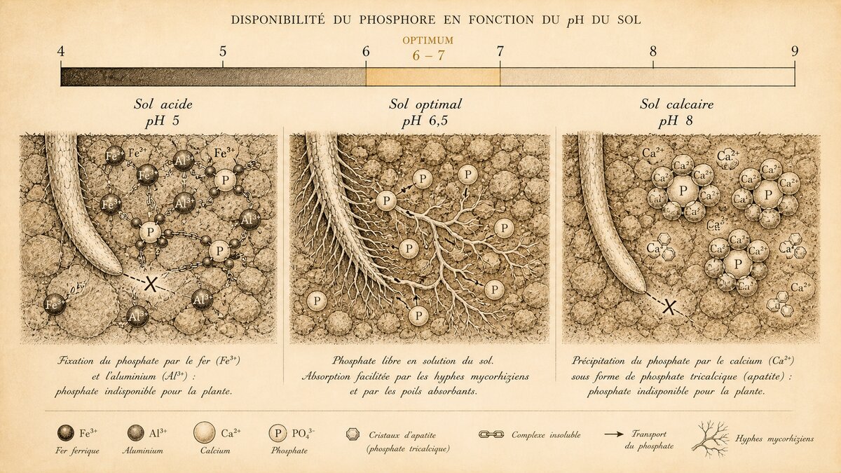 Le verrouillage du phosphore : piégé par le fer en sol acide, libre à pH 6,5, précipité par le calcium en sol calcaire