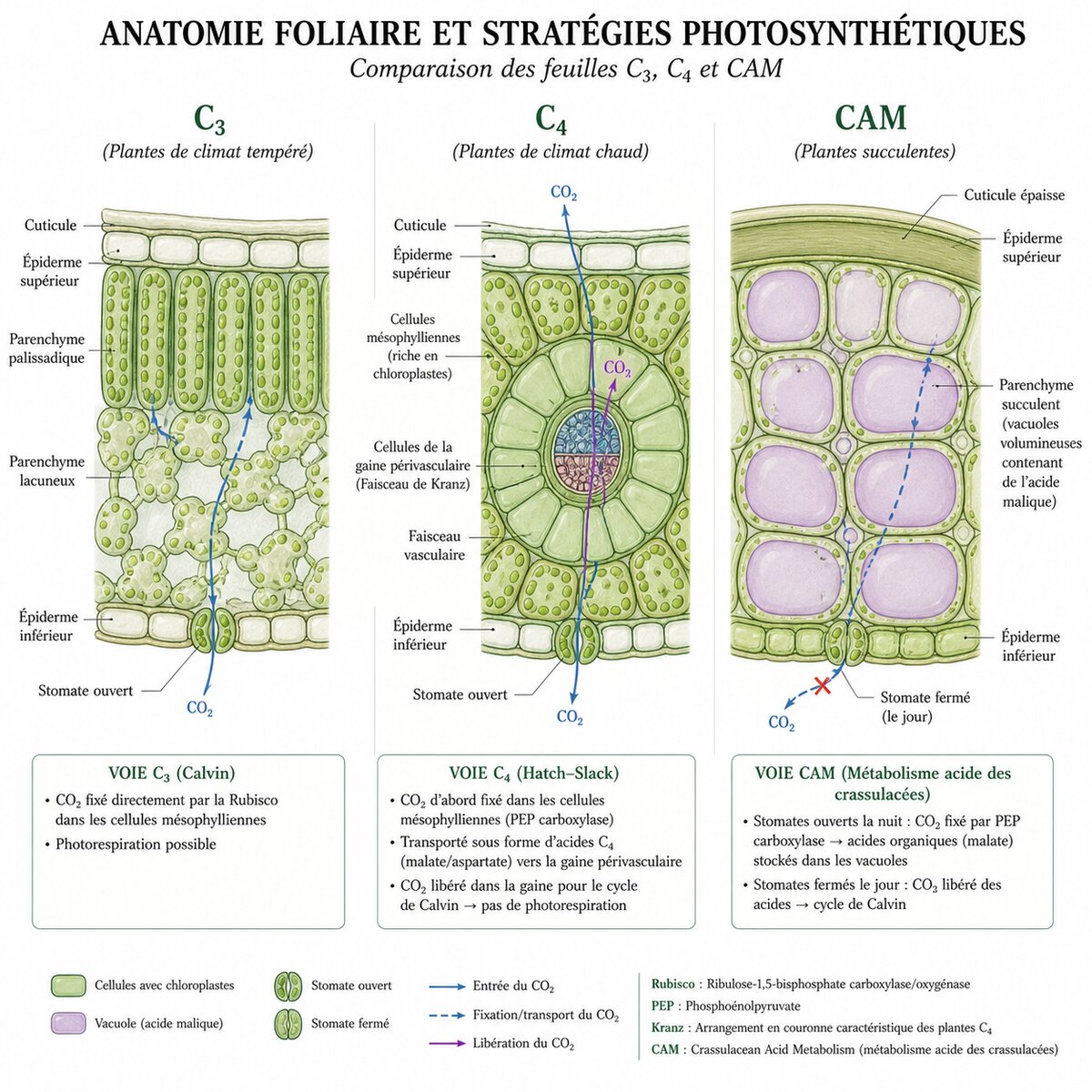Coupes transversales comparées d'une feuille C3, d'une feuille C4 avec anatomie de Kranz et d'une feuille CAM succulente