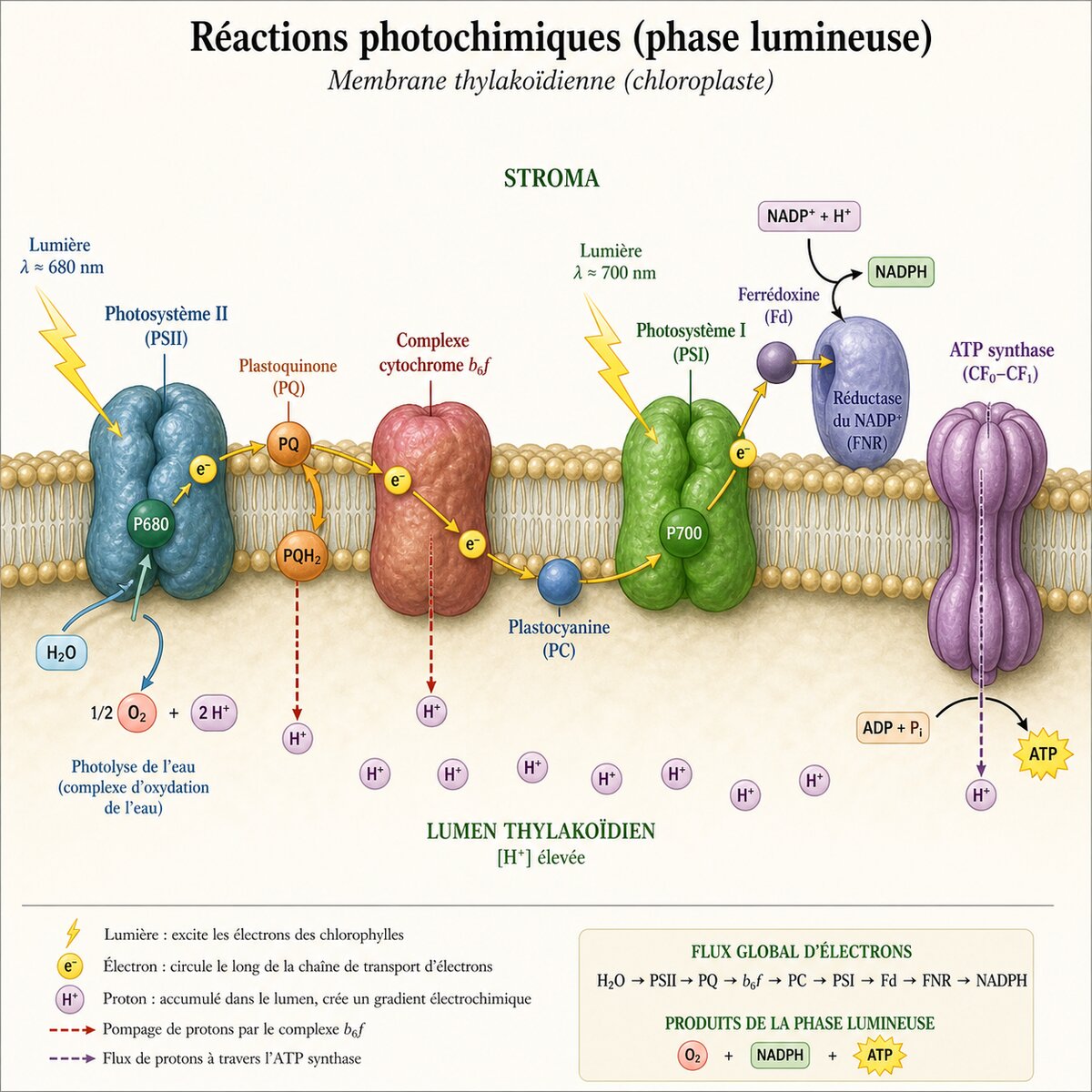 Schéma de la phase claire de la photosynthèse montrant les photosystèmes II et I, le cytochrome b6f et l'ATP synthase