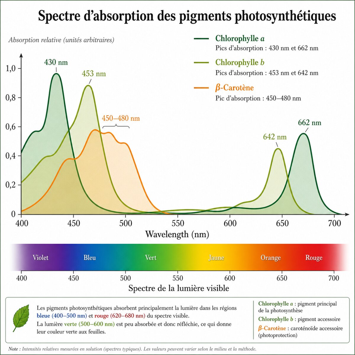 Spectre d'absorption de la chlorophylle a, de la chlorophylle b et du bêta-carotène entre 400 et 700 nm