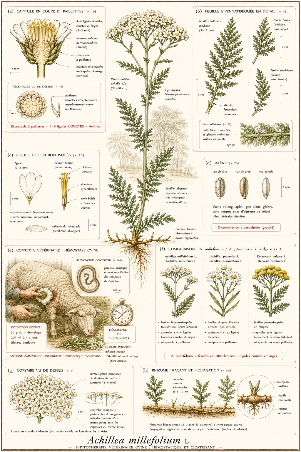Planche botanique d'Achillea millefolium en contexte vétérinaire ovin