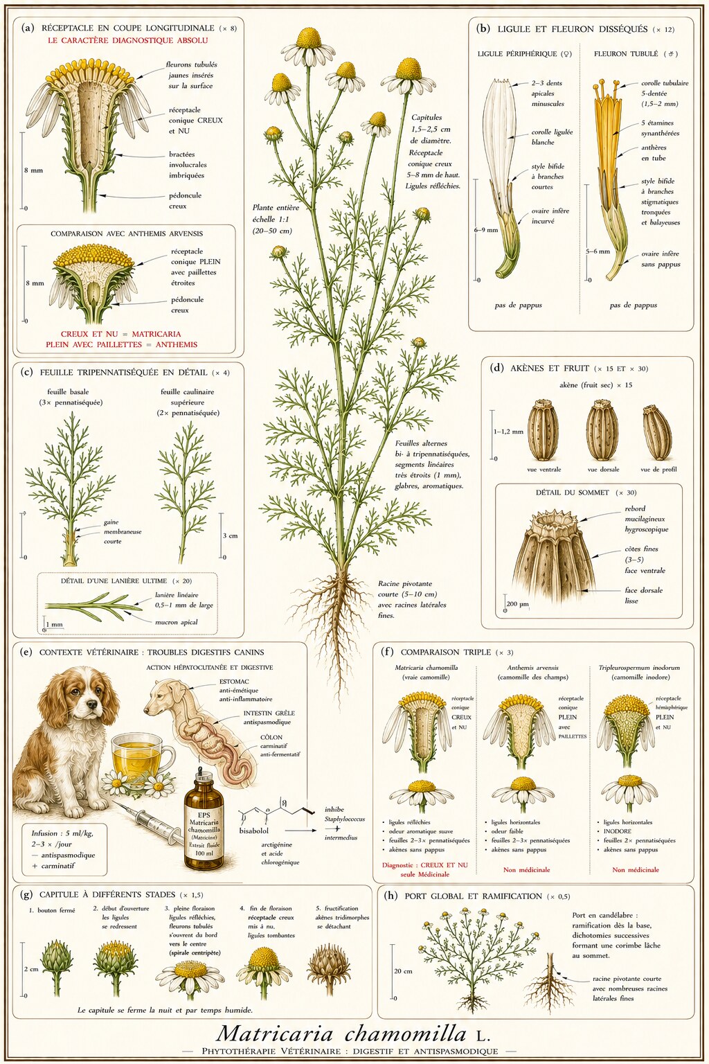 Planche botanique de Matricaria chamomilla en contexte vétérinaire