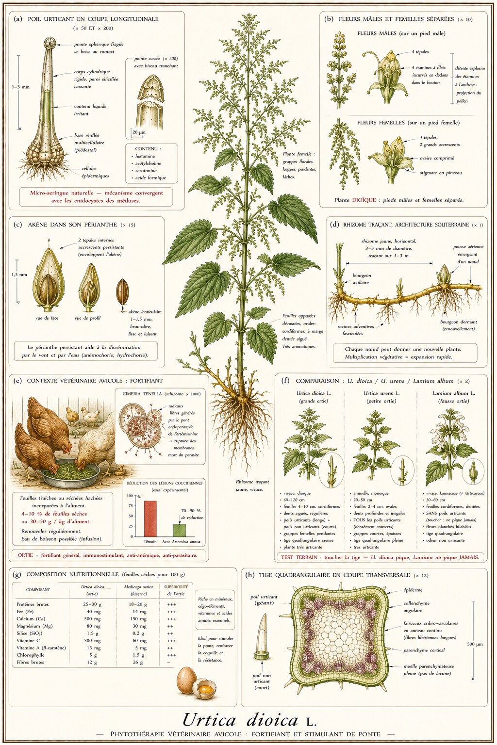 Planche botanique d'Urtica dioica en contexte vétérinaire avicole