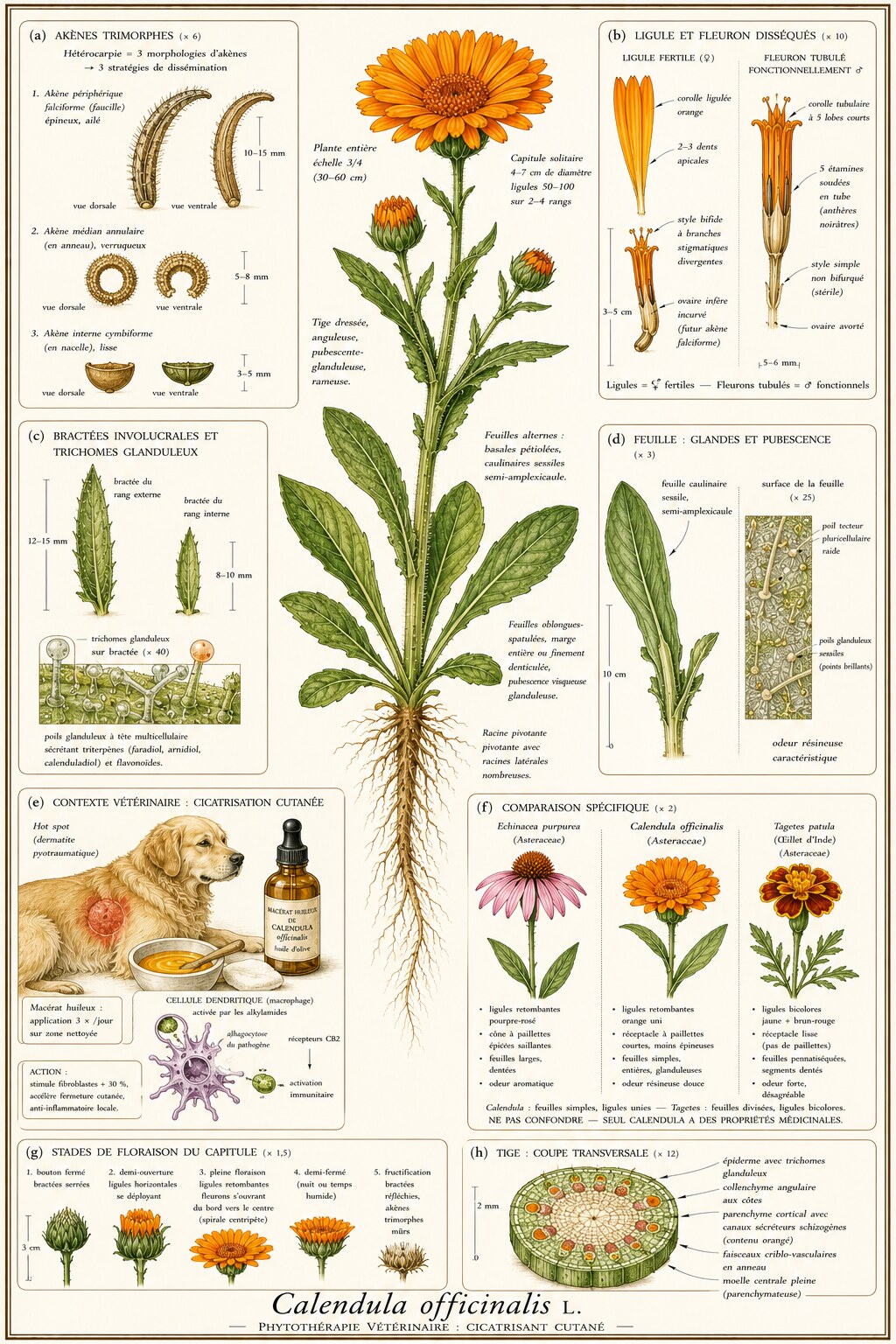 Planche botanique de Calendula officinalis en contexte vétérinaire