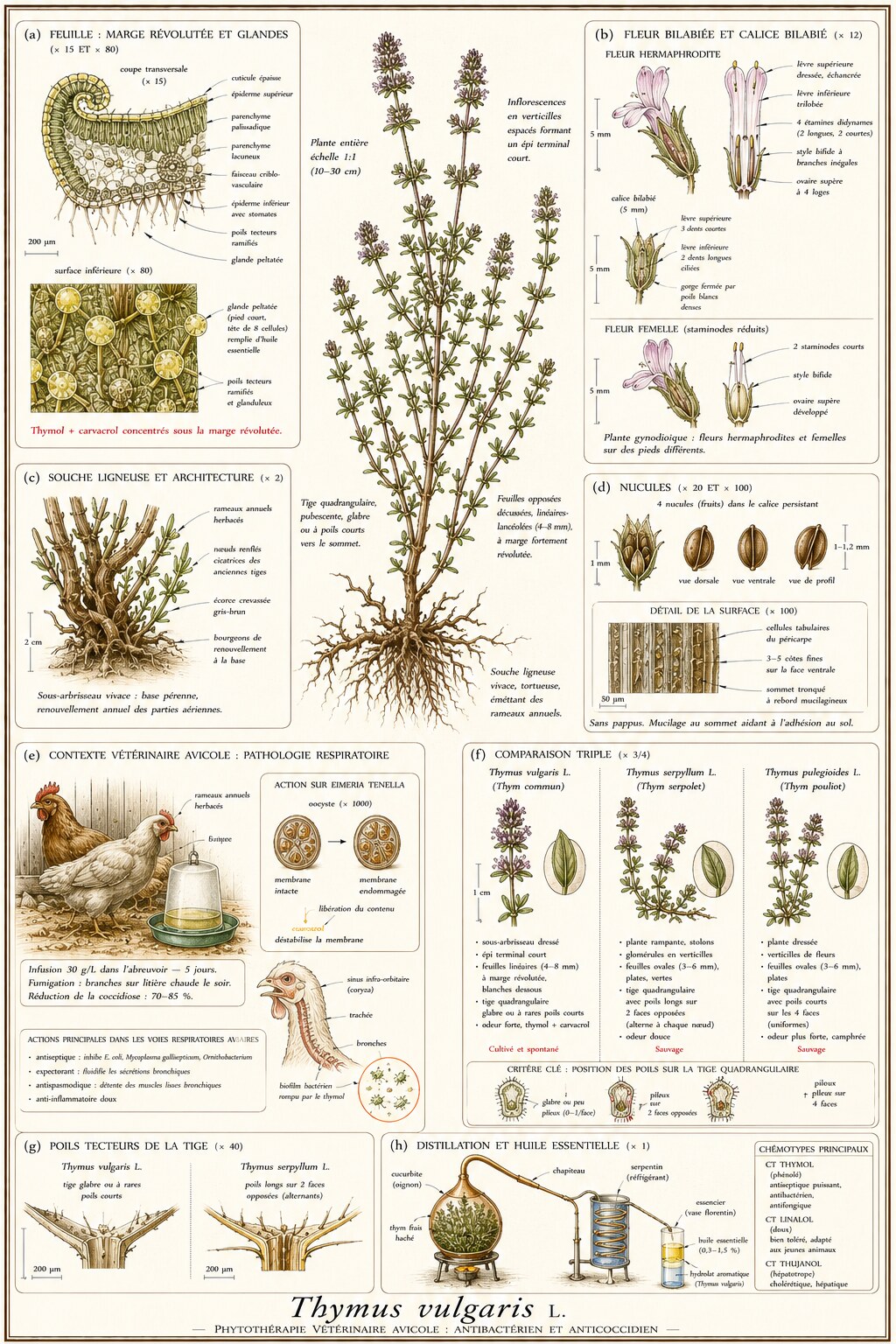 Planche botanique de Thymus vulgaris en contexte vétérinaire avicole