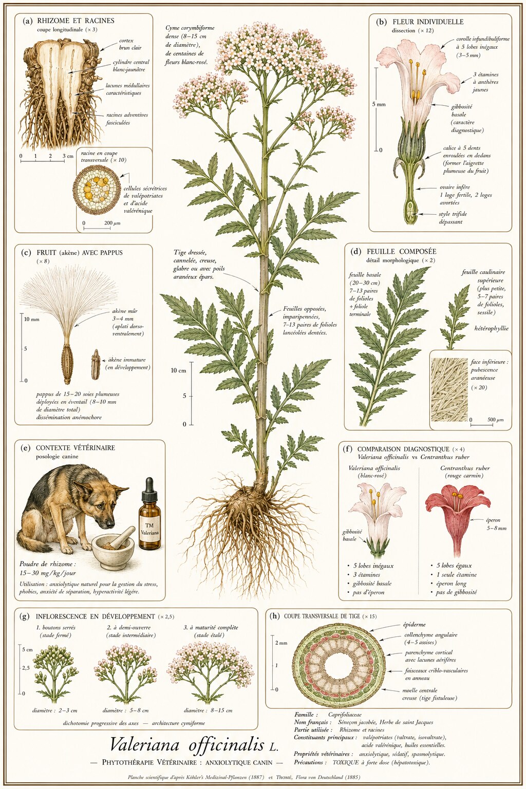 Planche botanique de Valeriana officinalis en contexte vétérinaire