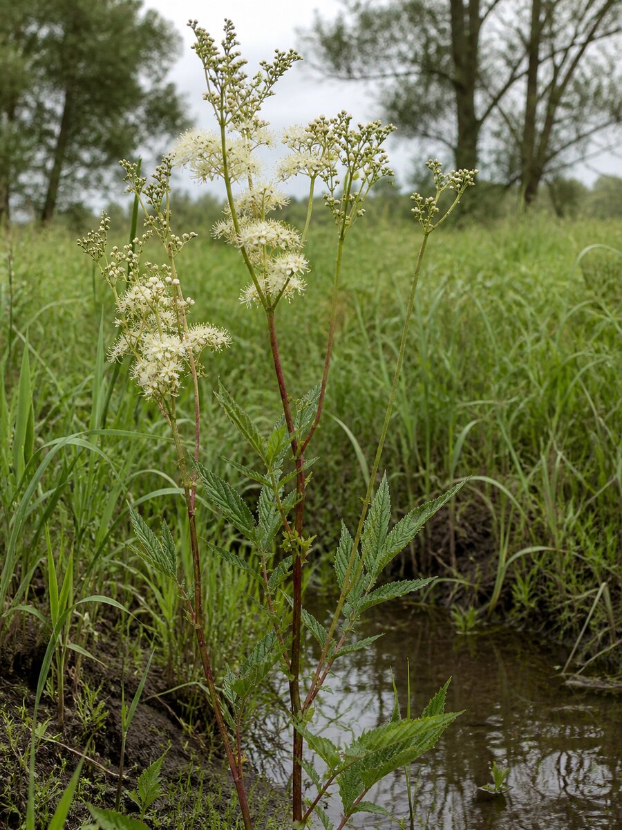 Filipendula ulmaria en colonie dans une prairie humide le long d'un fossé