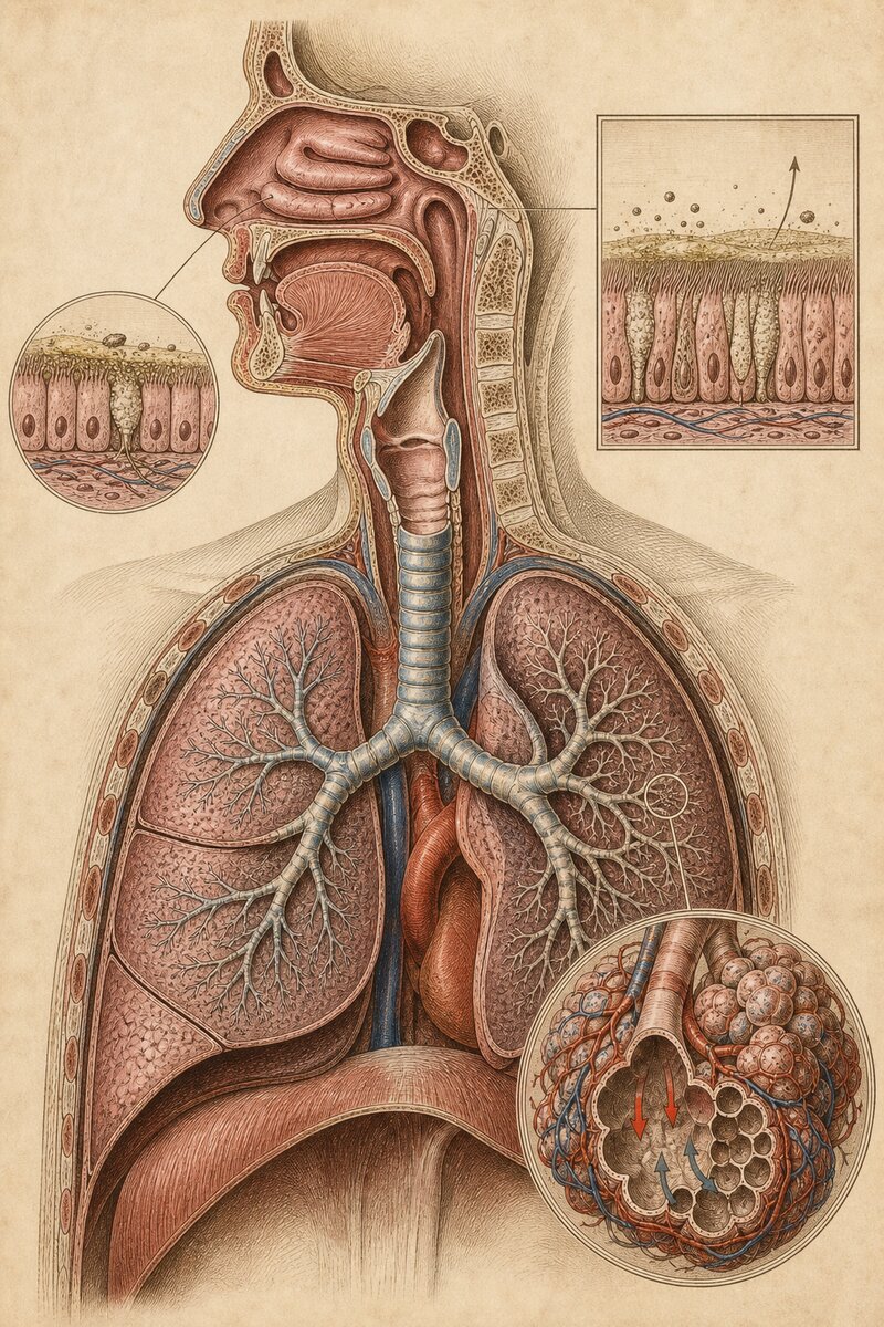 Planche anatomique de l'appareil respiratoire - voies aériennes et poumons