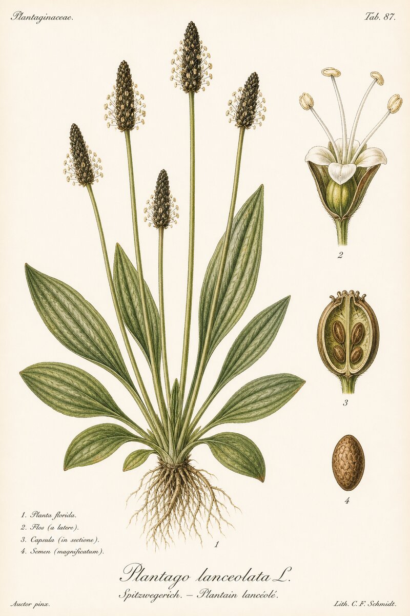 Planche botanique du Plantain lancéolé - Plantago lanceolata