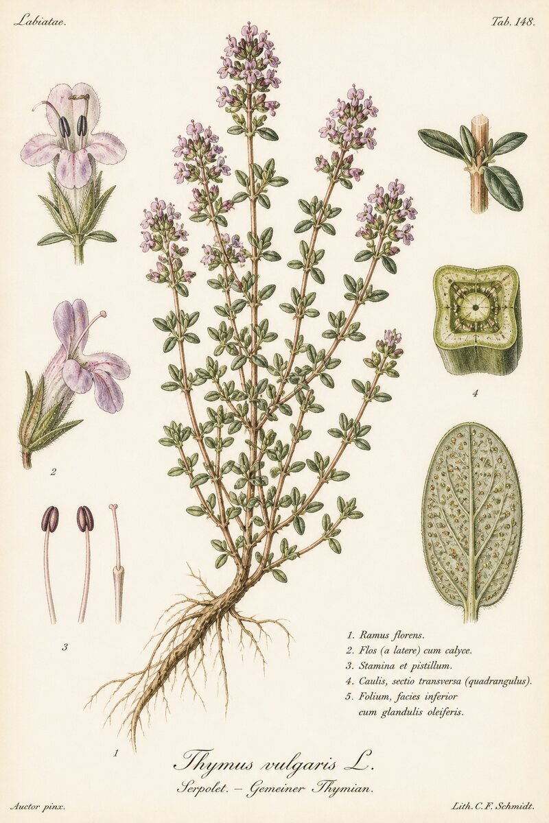 Planche botanique du Thym - Thymus vulgaris