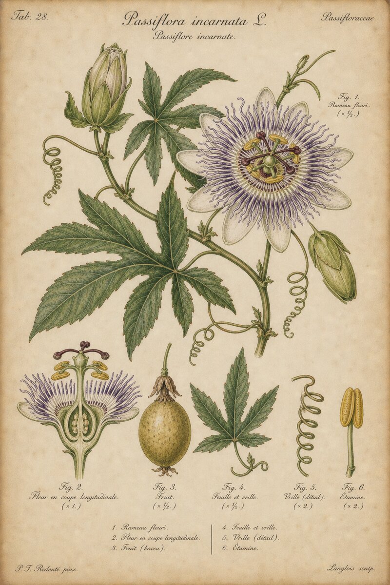 Planche botanique de la Passiflore - Passiflora incarnata