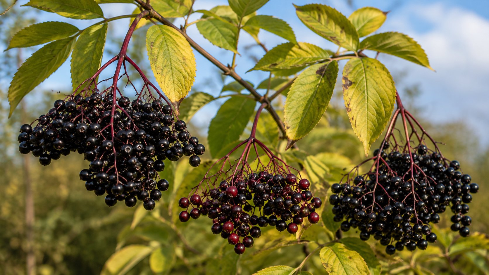 Sambucus nigra — grappes de baies noires mûres pendantes