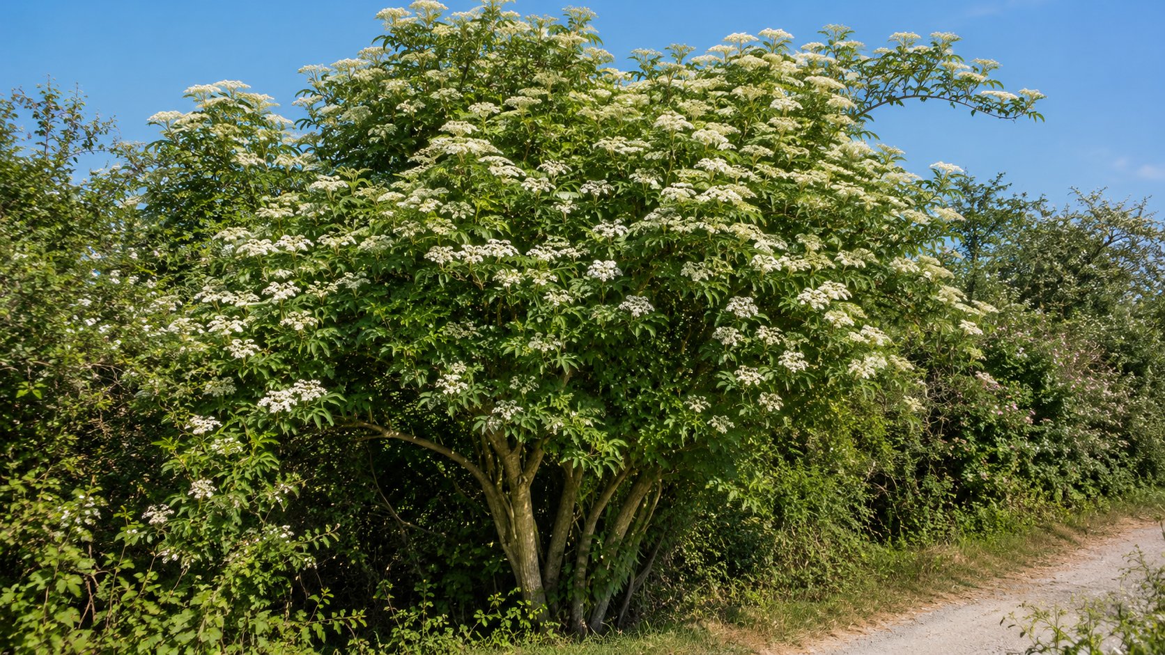 Sambucus nigra — sureau noir en fleurs dans une haie champêtre