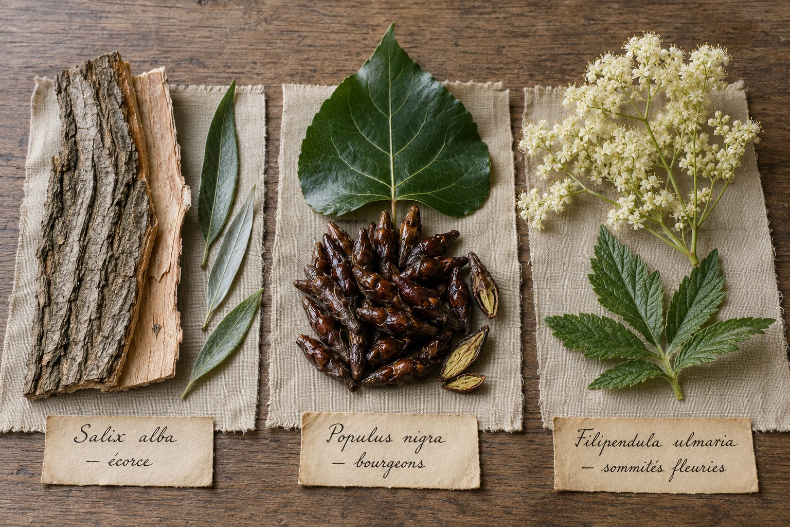 Les trois plantes salicylées côte à côte : écorce de saule, bourgeons de peuplier et sommités fleuries de reine-des-prés