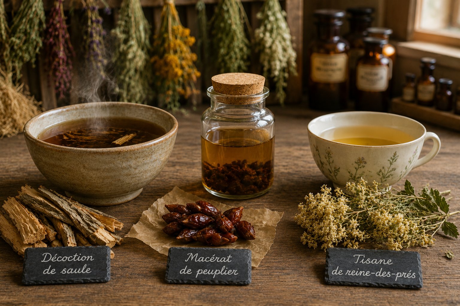 Les trois préparations salicylées : écorce de saule en décoction, bourgeons de peuplier en macérat, sommités de reine-des-prés en tisane
