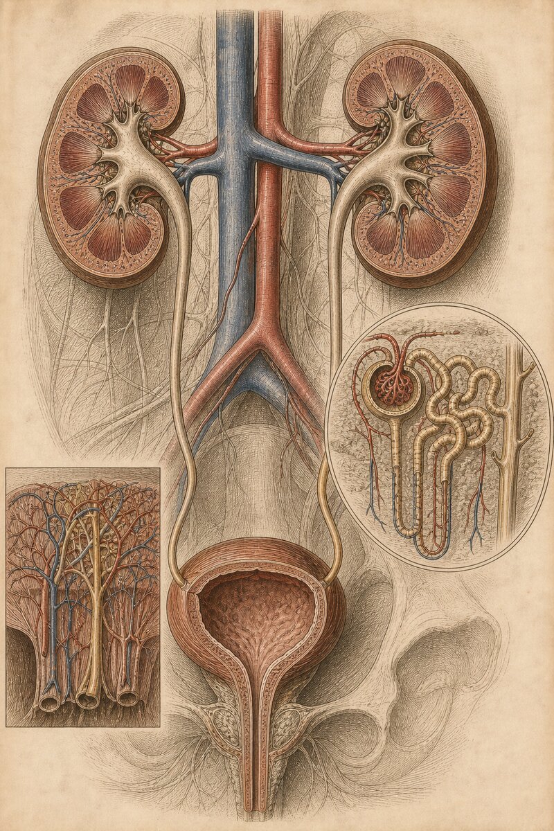 Planche anatomique du système urinaire - reins, uretères, vessie