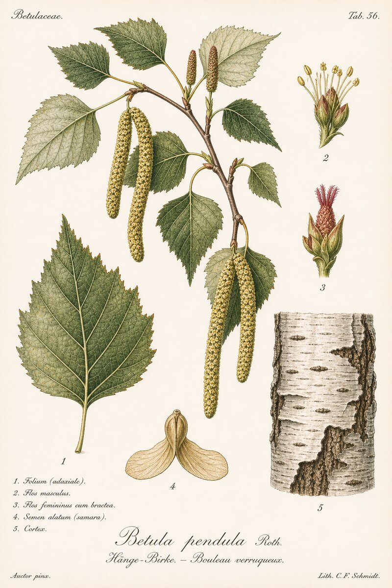 Planche botanique du Bouleau - Betula pendula