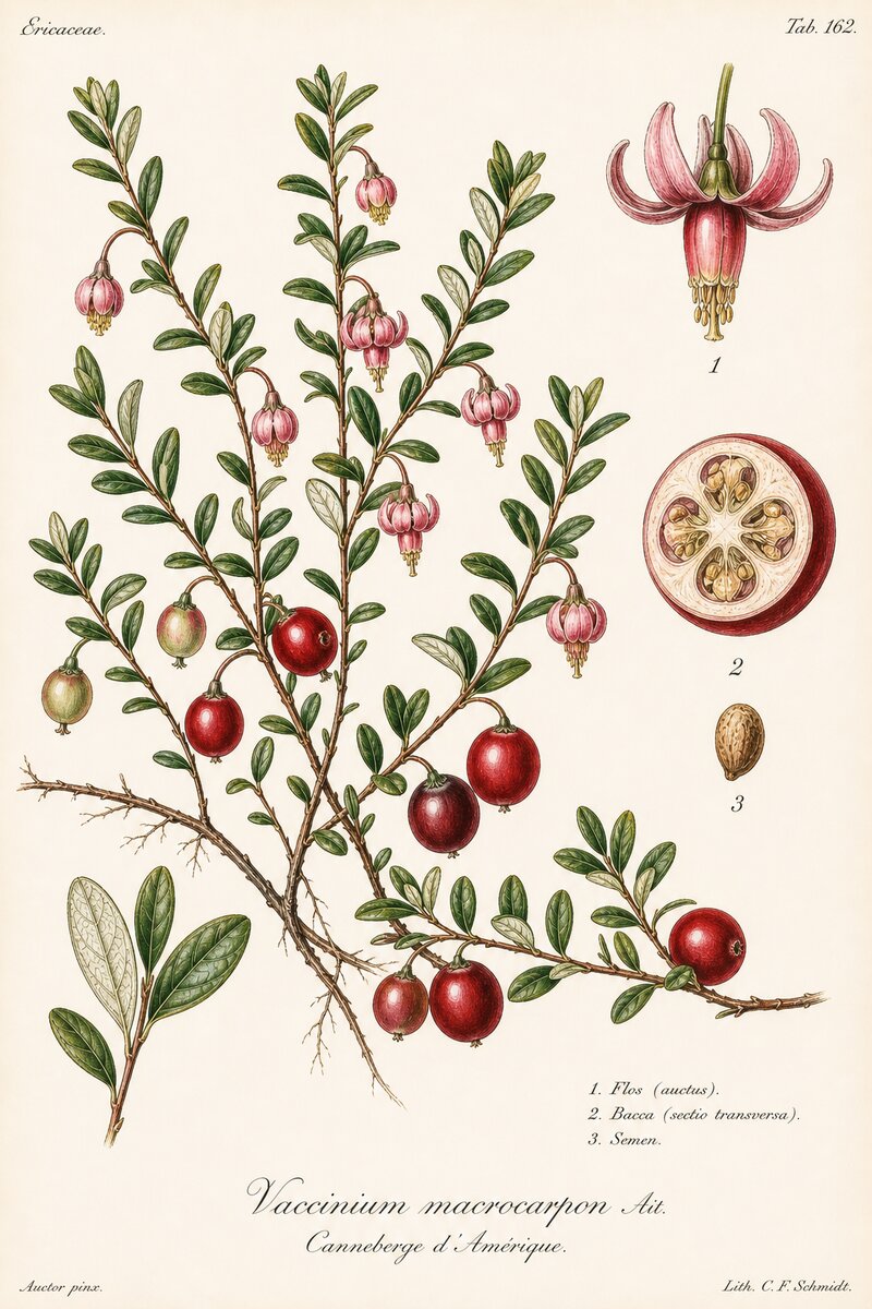 Planche botanique de la Canneberge - Vaccinium macrocarpon