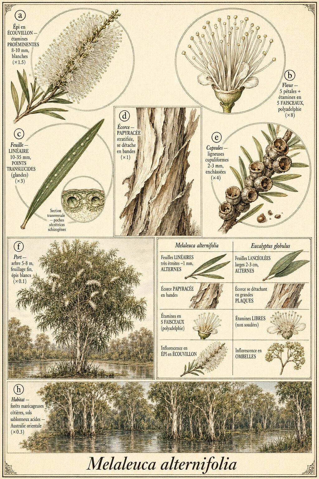 Planche botanique Arbre à thé (Melaleuca alternifolia)