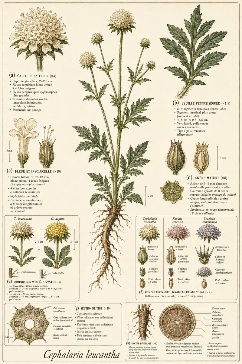 Planche botanique Céphalaire blanche
