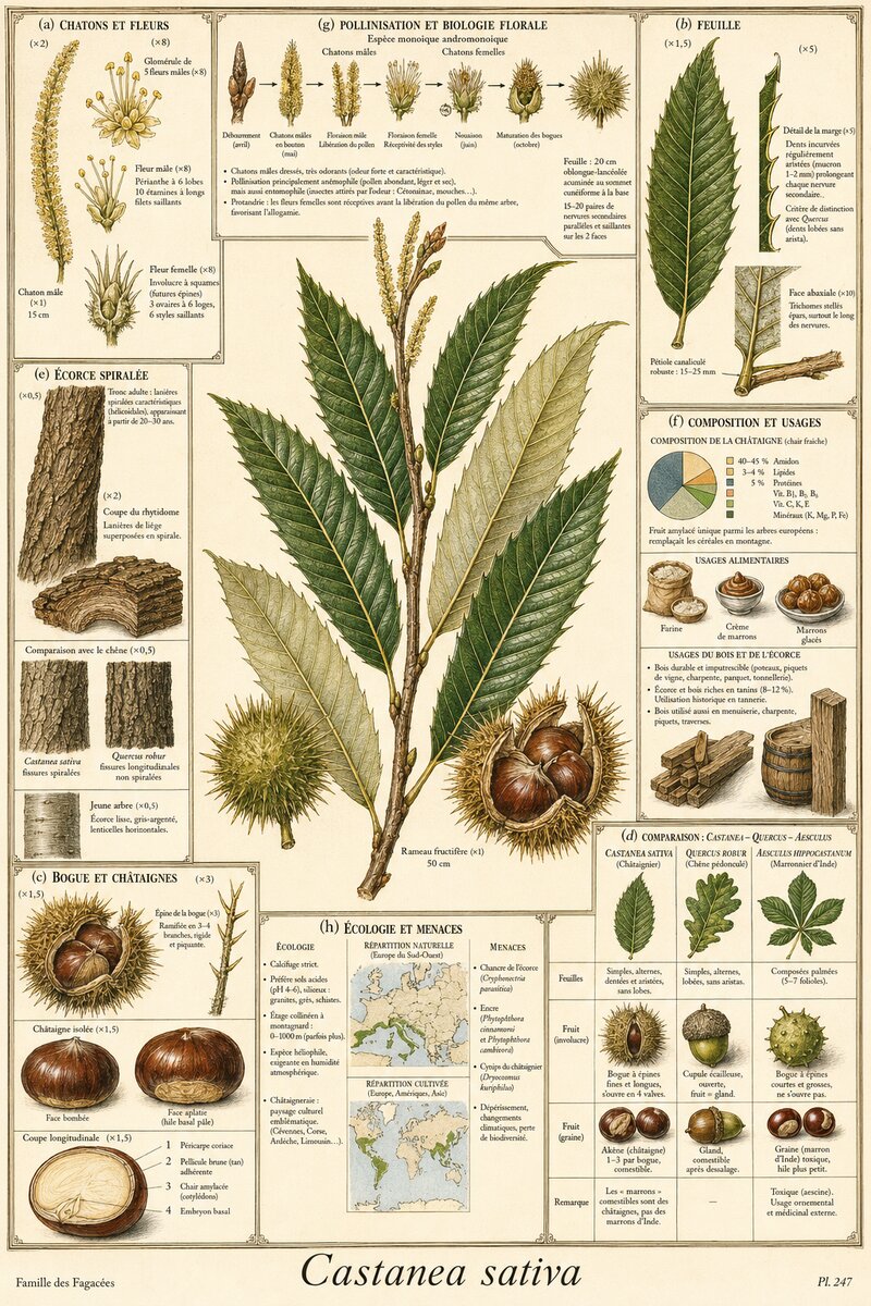 Planche botanique Châtaignier