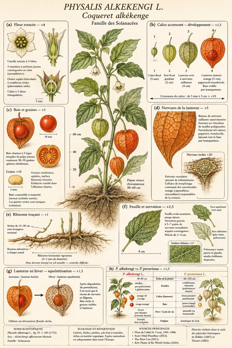 Planche botanique Coqueret alkékenge