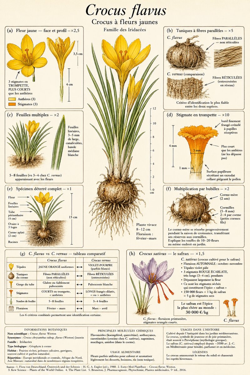 Planche botanique Crocus à fleurs jaunes