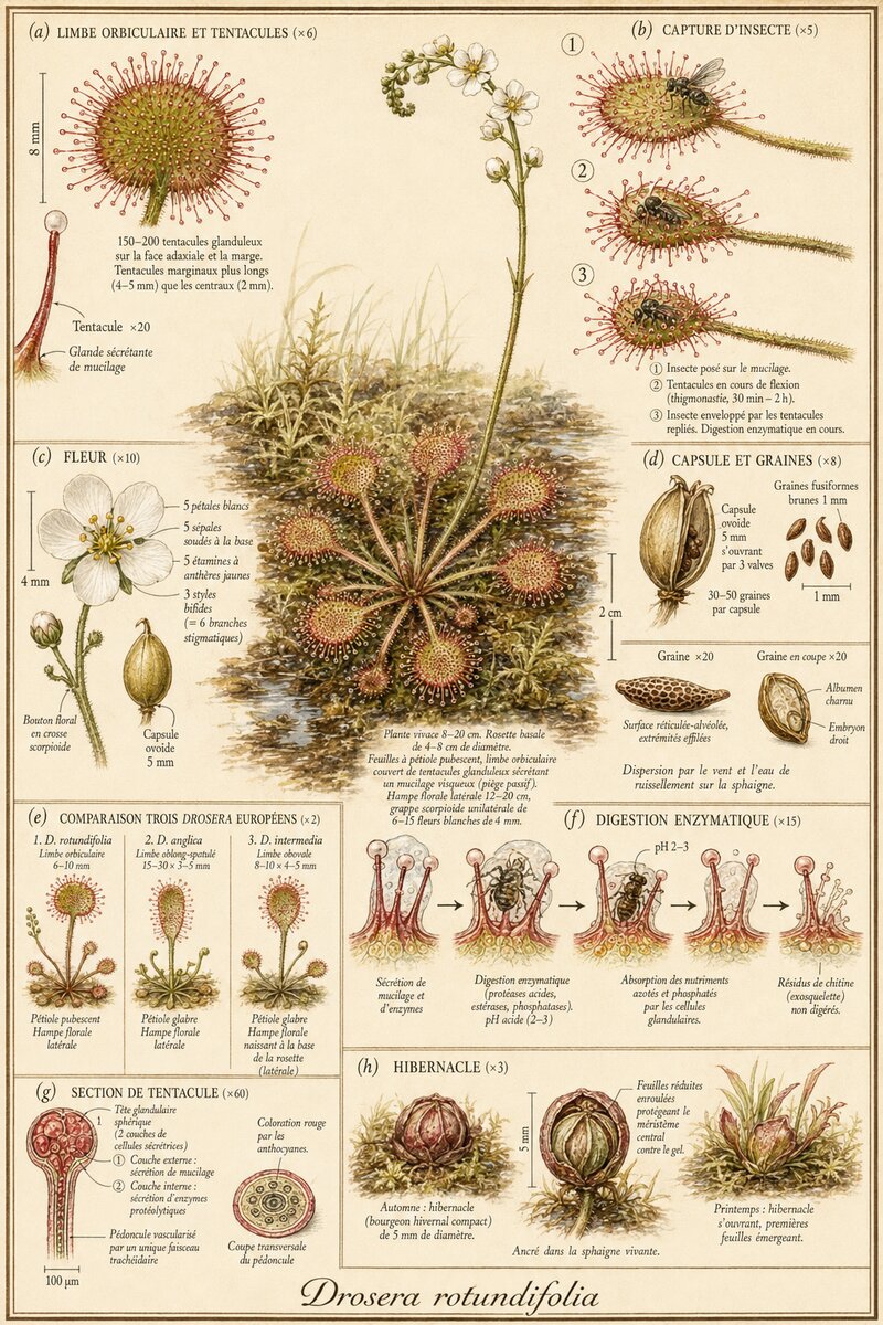 Planche botanique Droséra à feuilles rondes