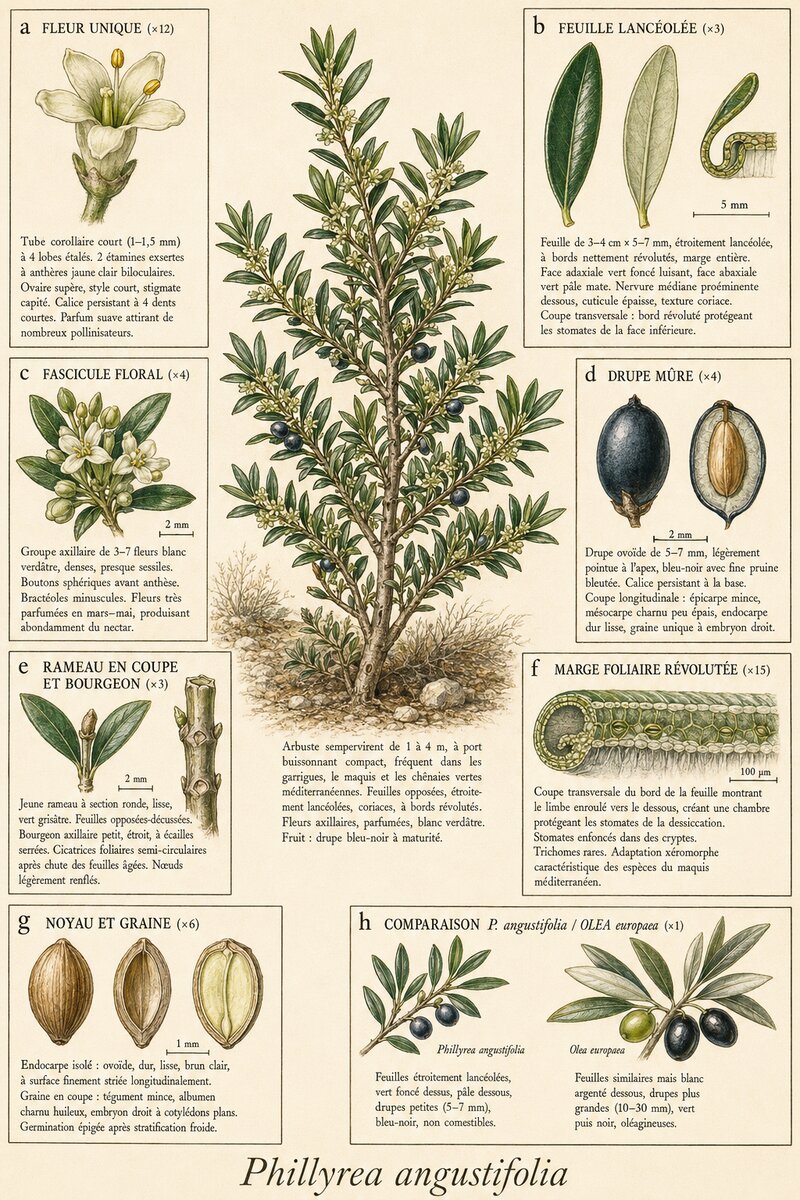 Planche botanique Filaire à feuilles étroites