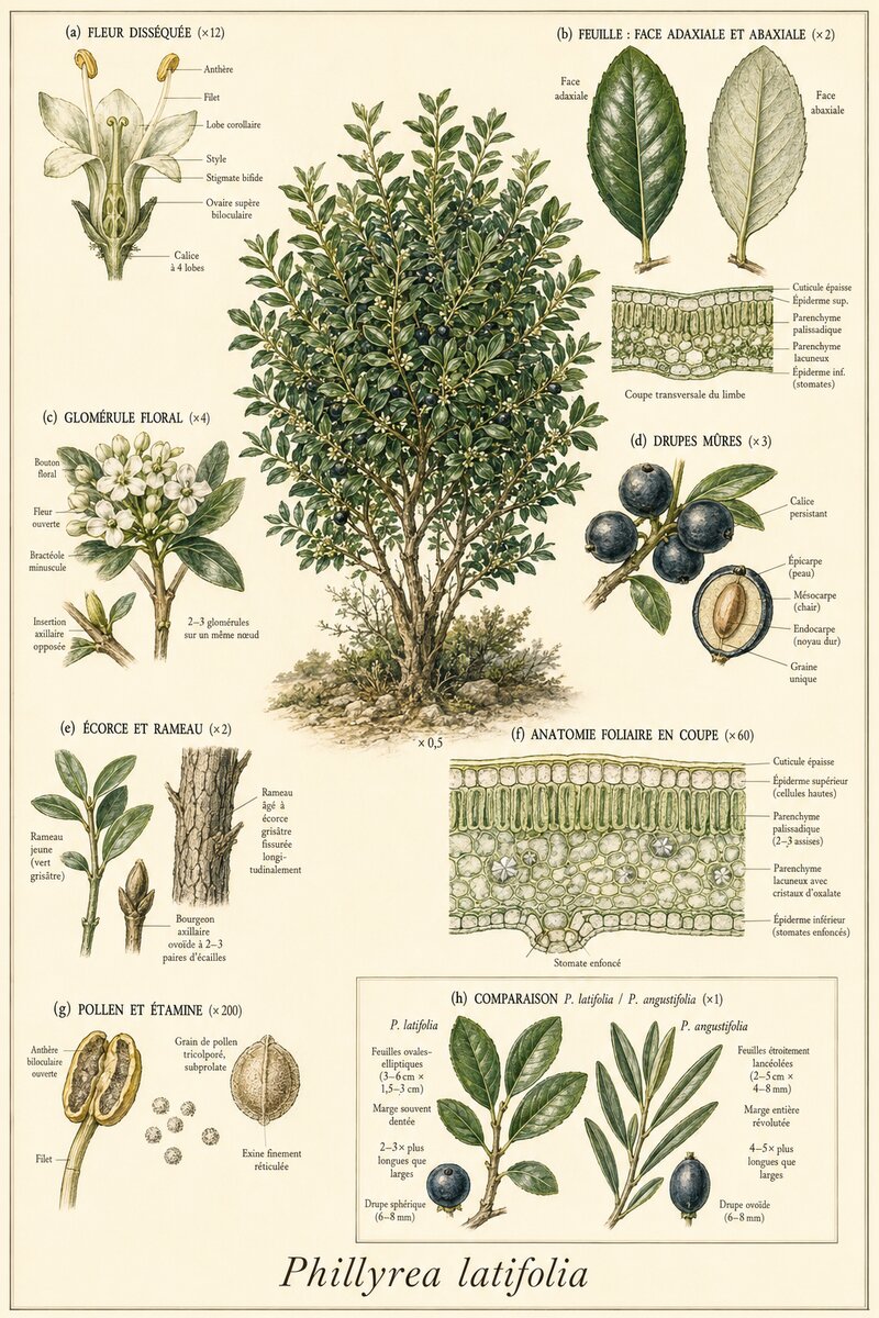 Planche botanique Filaire à larges feuilles
