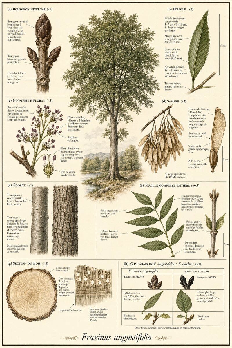 Planche botanique Frêne à feuilles étroites