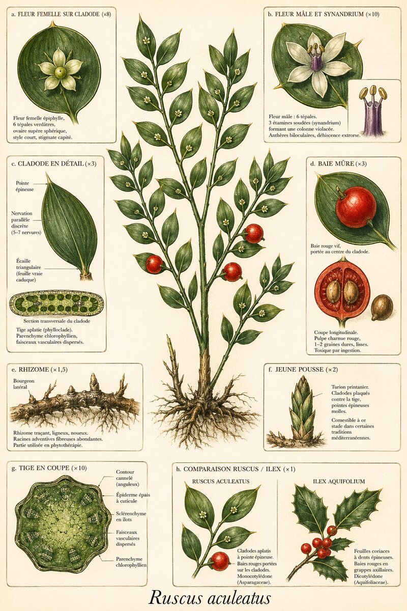 Planche botanique Fragon petit-houx